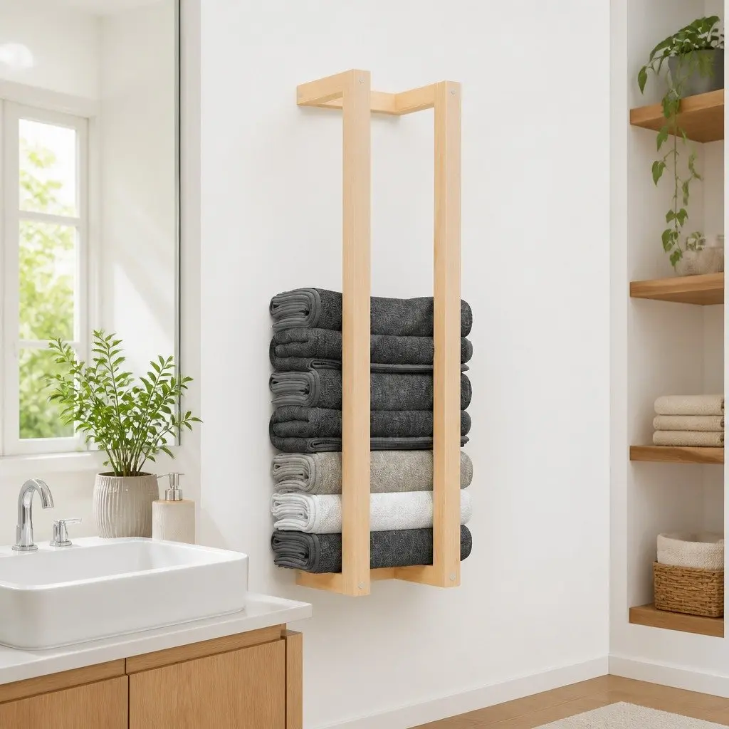 23x18x90cm Wall-Mounted Towel Rack in Solid Brown Pine Wood
