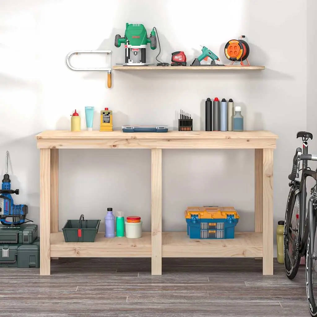 Work Bench Solid Wood Pine 140x50x80 cm Garage Storage Workbench Shelves Brown
