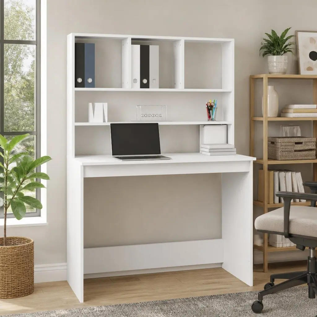 White Desk with Shelves for Office Study Space 102x45x148cm