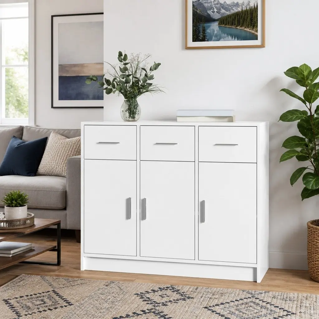 White Sideboard Storage Unit Engineered Wood Home Display 91x28x75cm