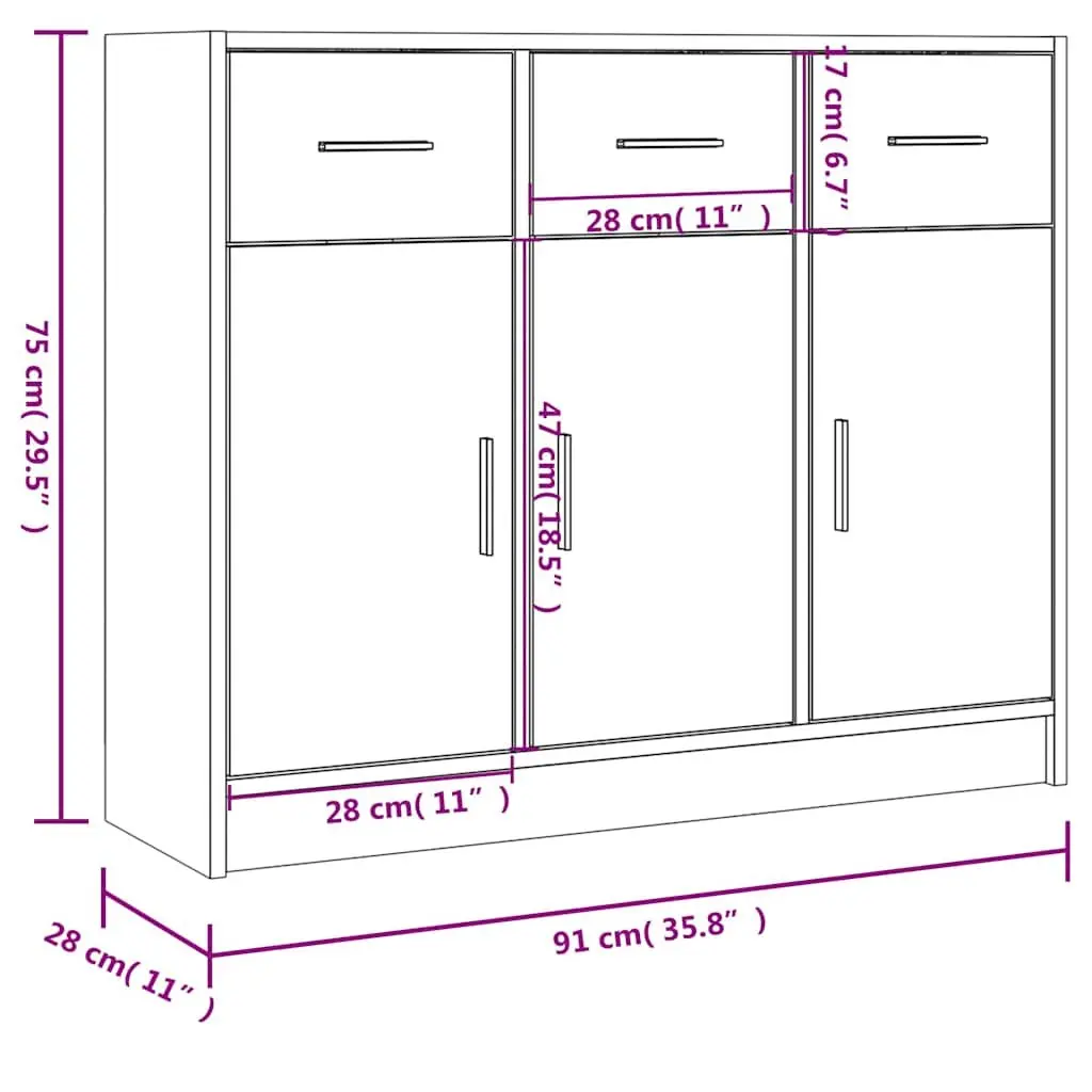 White Sideboard Storage Unit Engineered Wood Home Display 91x28x75cm