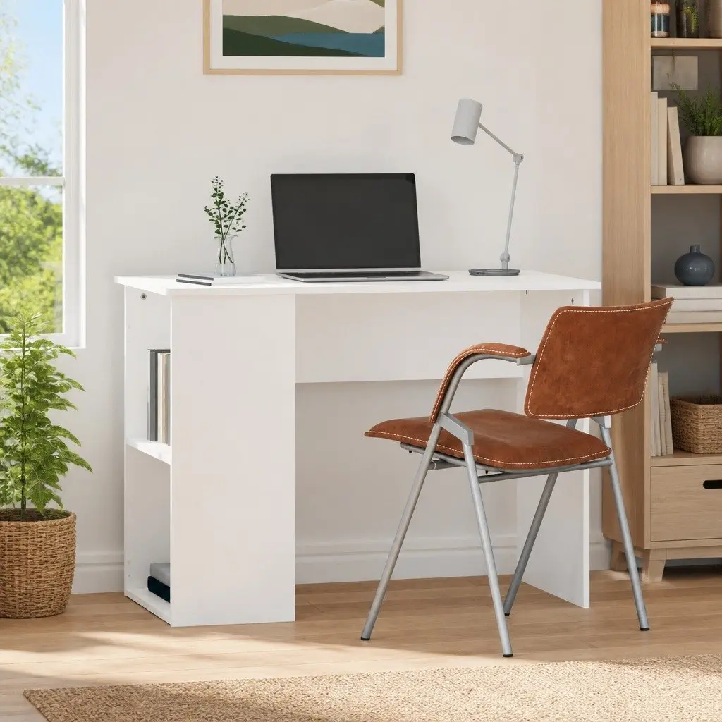 White Office Desk 100x55x75cm Computer Workstation with Storage Shelves