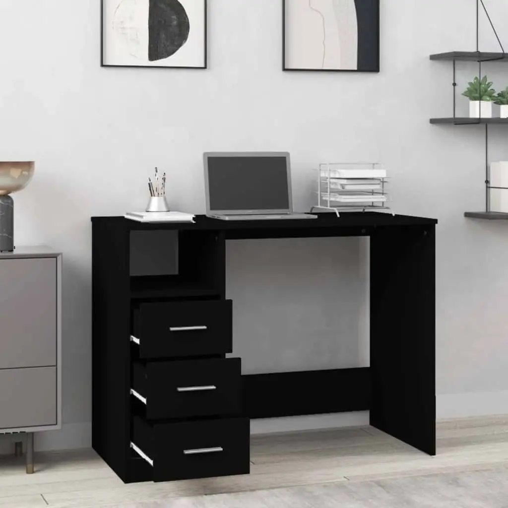 Office Desk with 3 Drawers Open Compartment Black Engineered Wood Study
