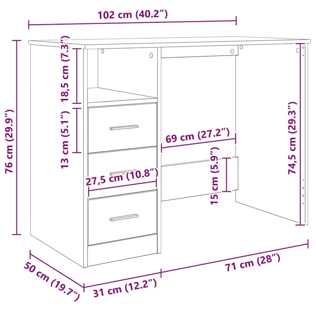 Office Desk with 3 Drawers Open Compartment Black Engineered Wood Study