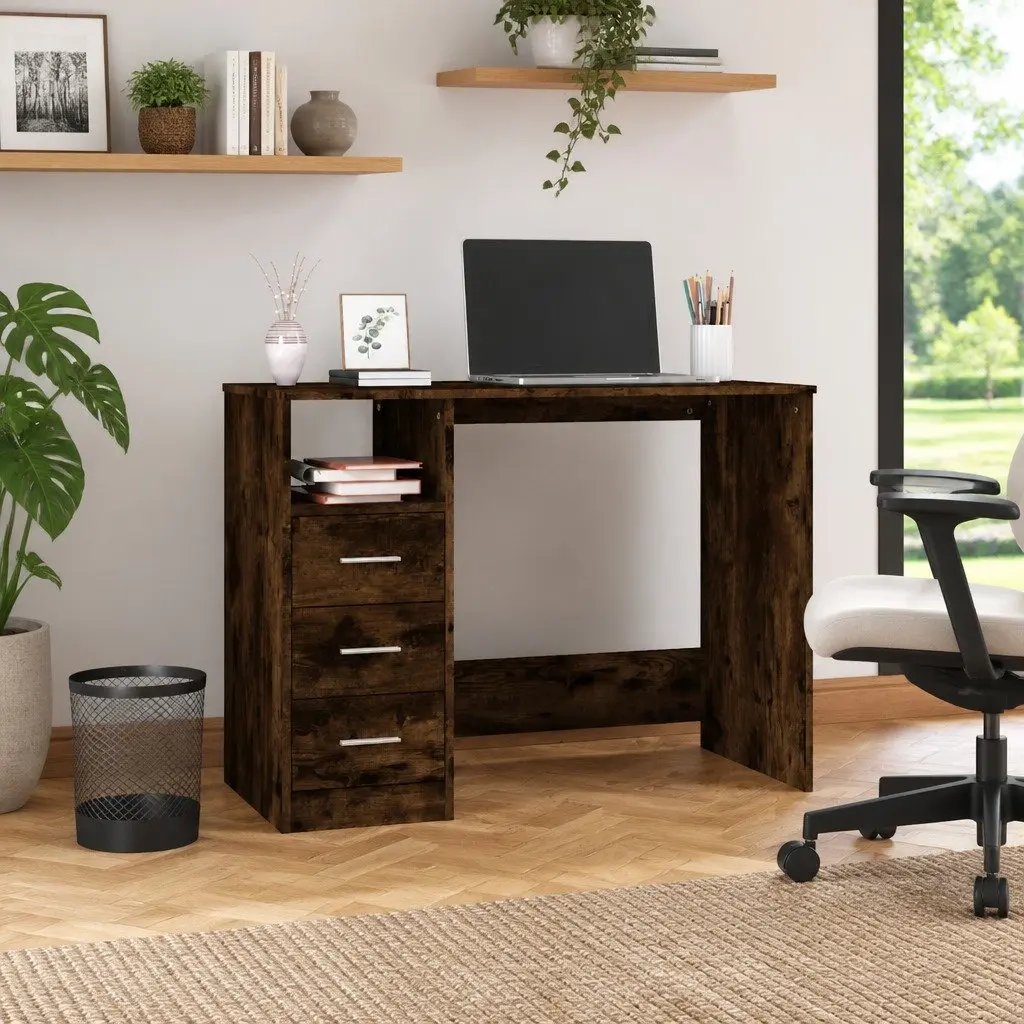 Office Desk for Study or Home Office 102 x 50 x 76 cm Brown Engineered Wood with 3 Drawers and Open Compartment