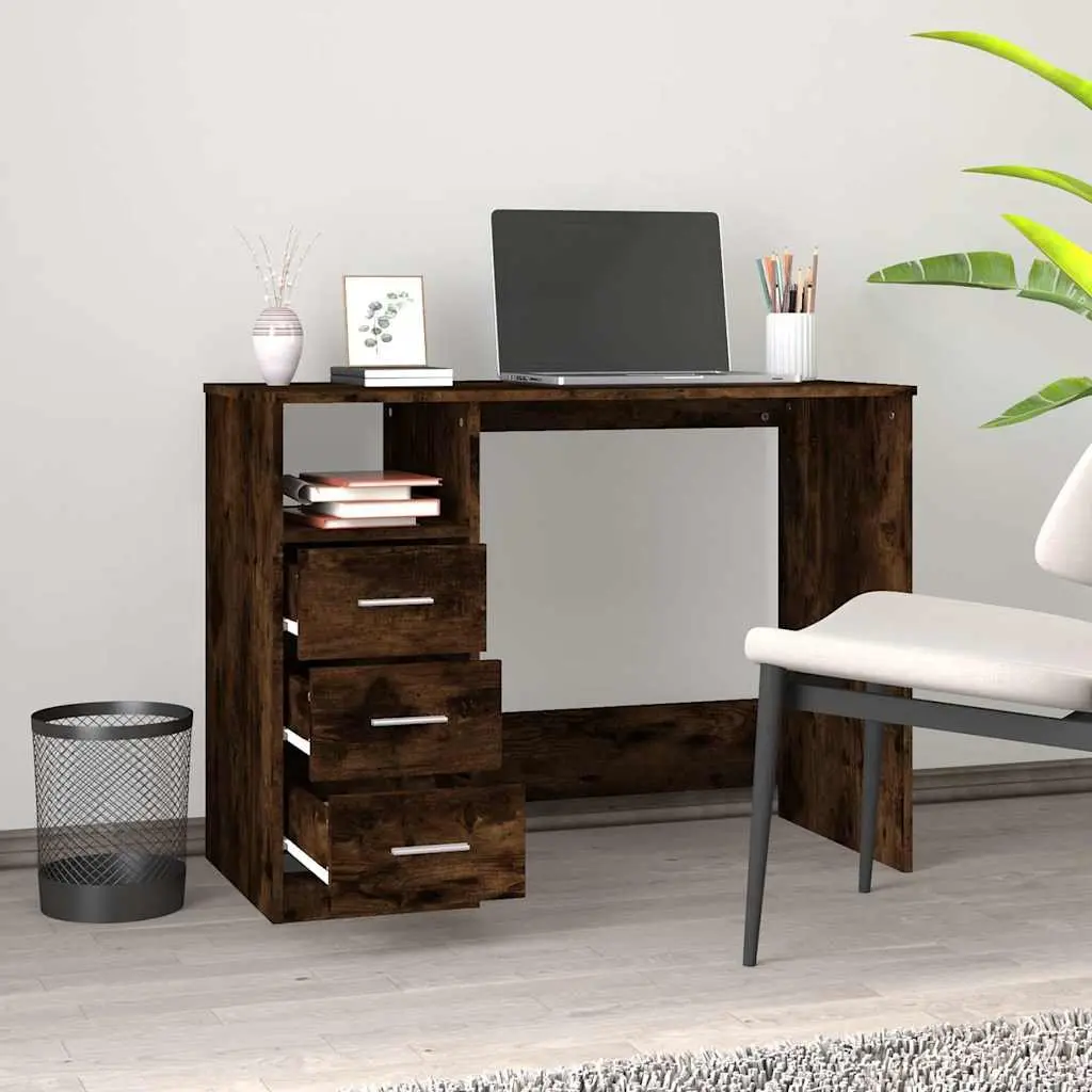 Office Desk for Study or Home Office 102 x 50 x 76 cm Brown Engineered Wood with 3 Drawers and Open Compartment