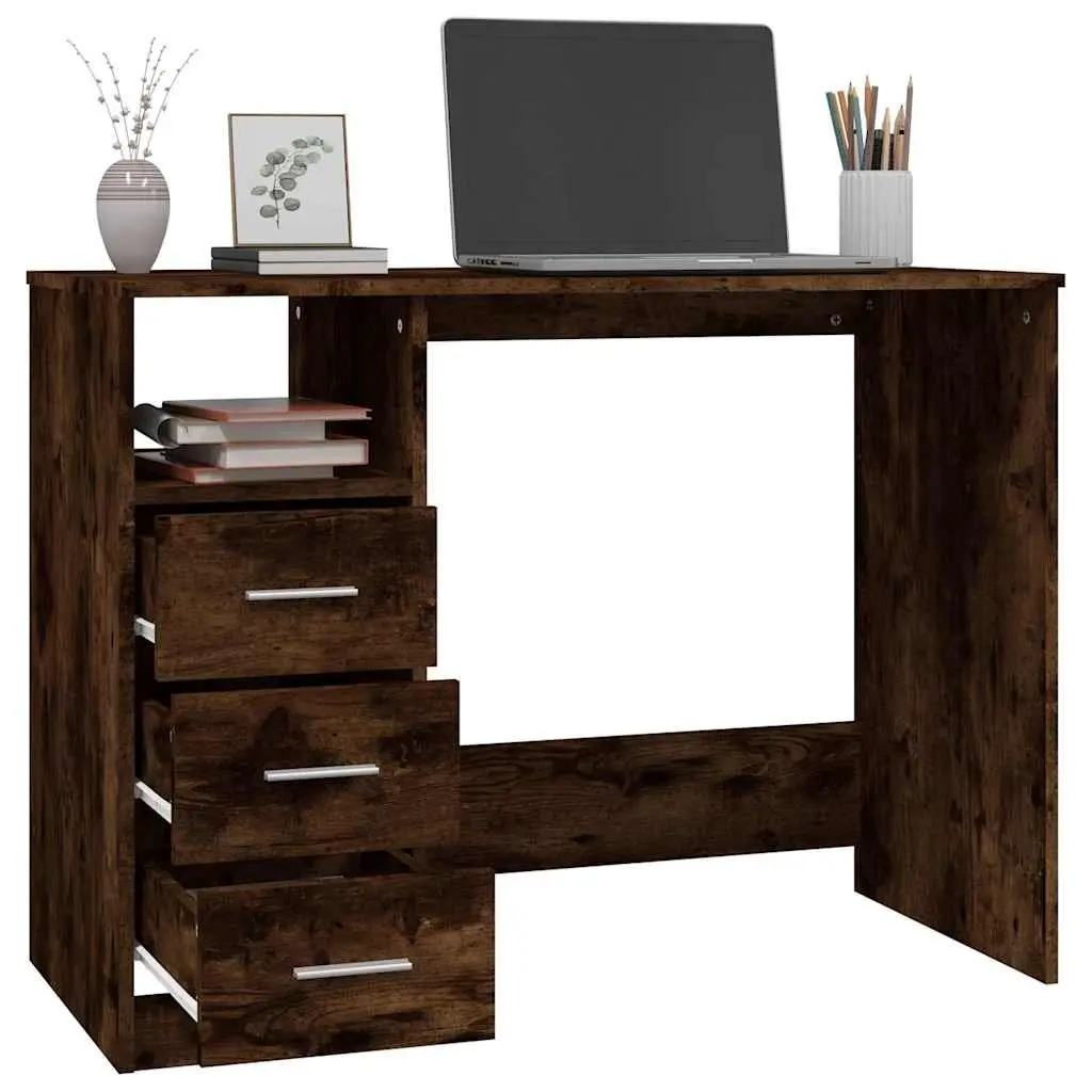 Office Desk for Study or Home Office 102 x 50 x 76 cm Brown Engineered Wood with 3 Drawers and Open Compartment