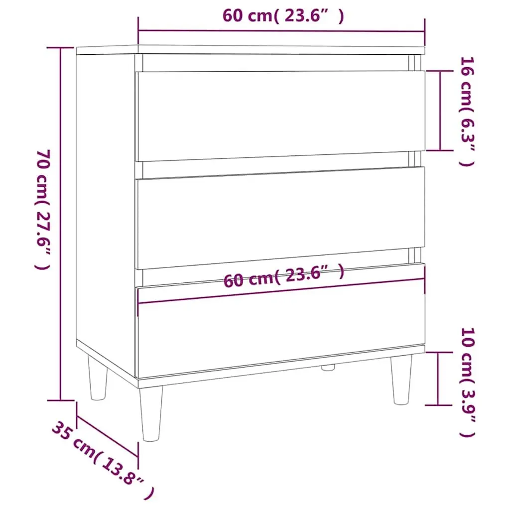Sideboard for Storage White 60x35x70 cm Engineered Wood Cabinet with 3 Drawers