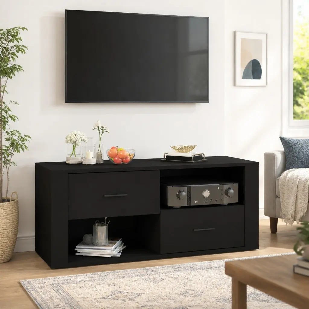 TV Cabinet for Living Room Black Engineered Wood Storage Unit with Drawers and Compartments 100 x 35 x 40 cm