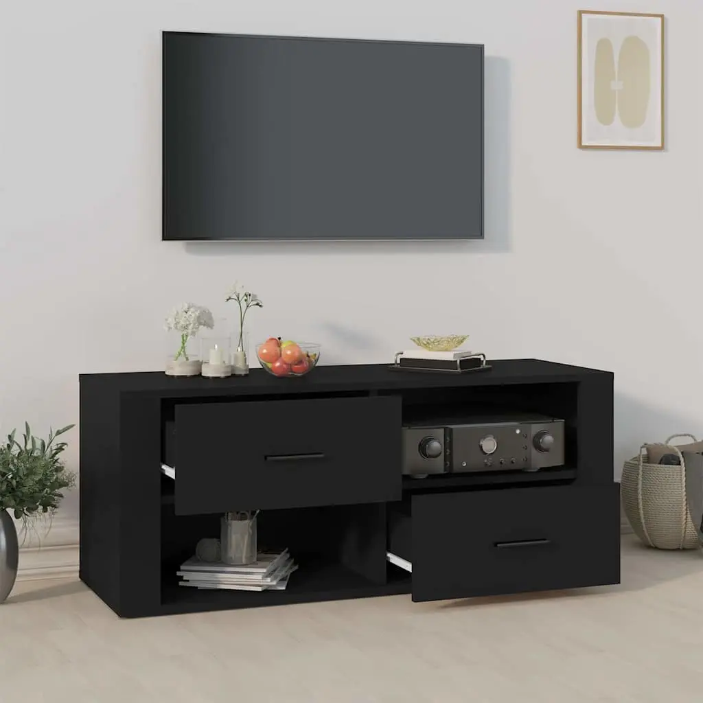TV Cabinet for Living Room Black Engineered Wood Storage Unit with Drawers and Compartments 100 x 35 x 40 cm