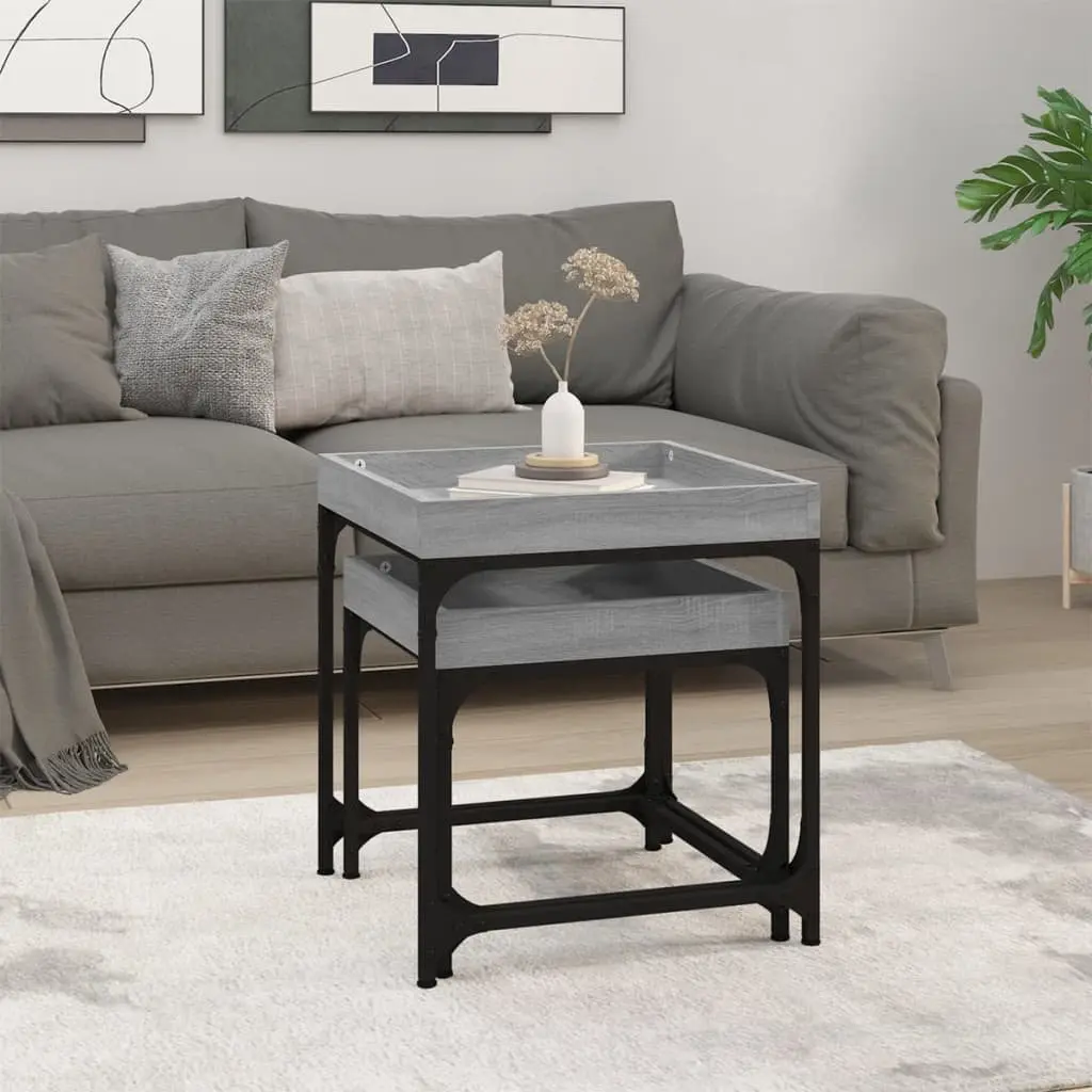 Side Tables Set of 2 Grey Engineered Wood Industrial Living Room Accent Storage