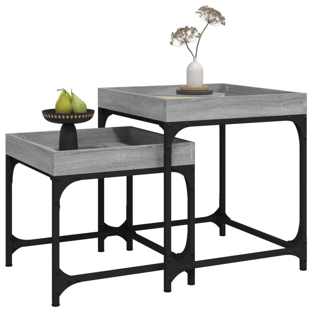 Side Tables Set of 2 Grey Engineered Wood Industrial Living Room Accent Storage