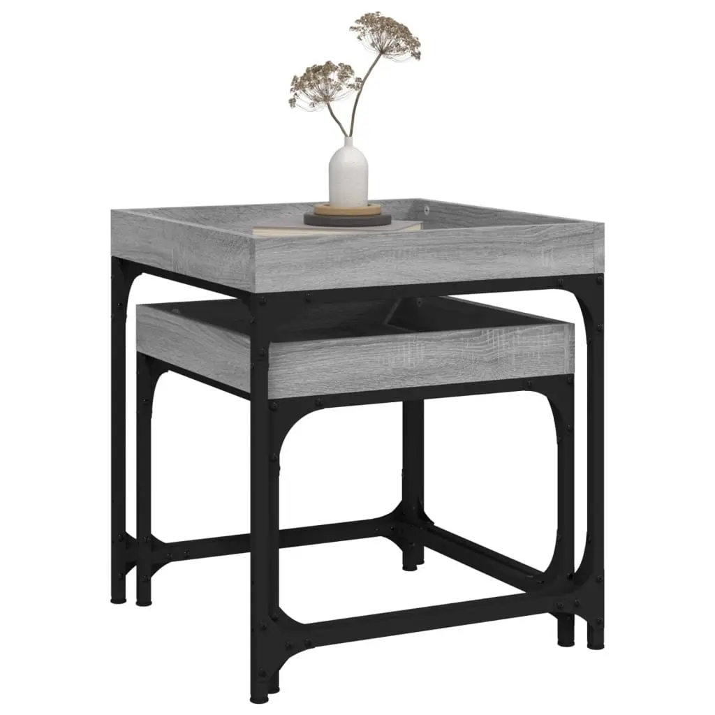 Side Tables Set of 2 Grey Engineered Wood Industrial Living Room Accent Storage