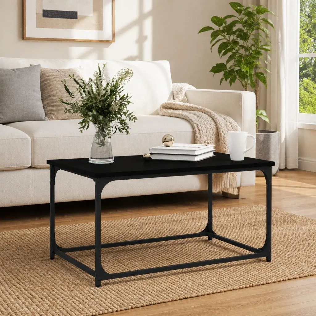 Coffee Table Living Room Black Engineered Wood Iron Frame 80L x 50W x 40H cm