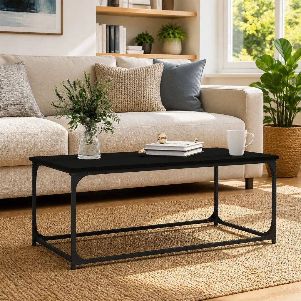 Coffee Table Black Living Room Accent Furniture Engineered Wood Iron Frame