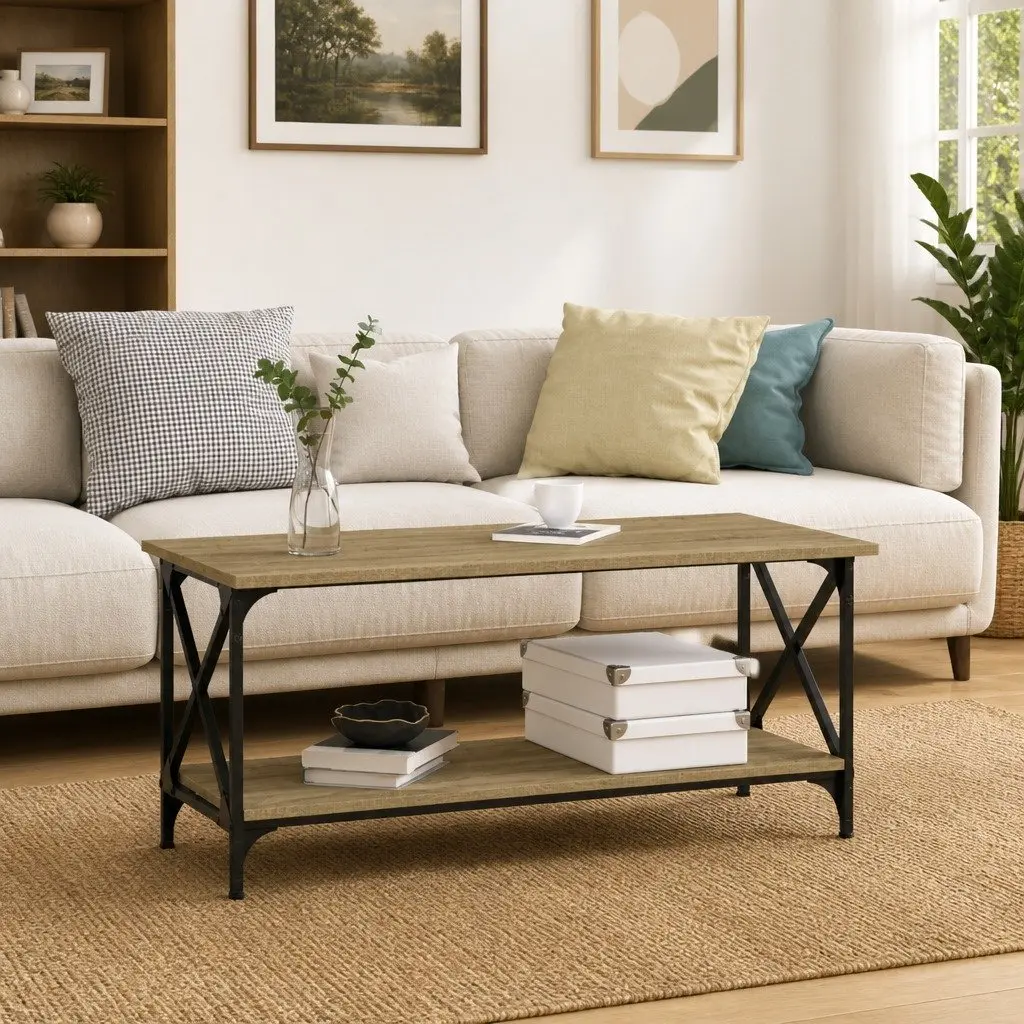 Coffee Table Living Room 100L x 45W x 45H cm Black Engineered Wood Iron Frame