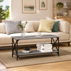 Grey Coffee Table with Iron Frame and Open Shelf