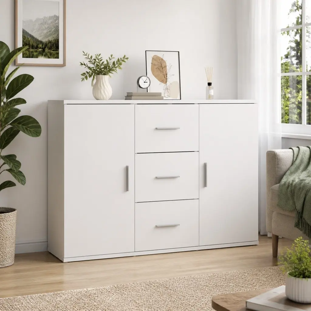 White Sideboard Storage Cabinet for Living Room 91x29.5x65cm Engineered Wood Buffet 2 Doors 3 Drawers