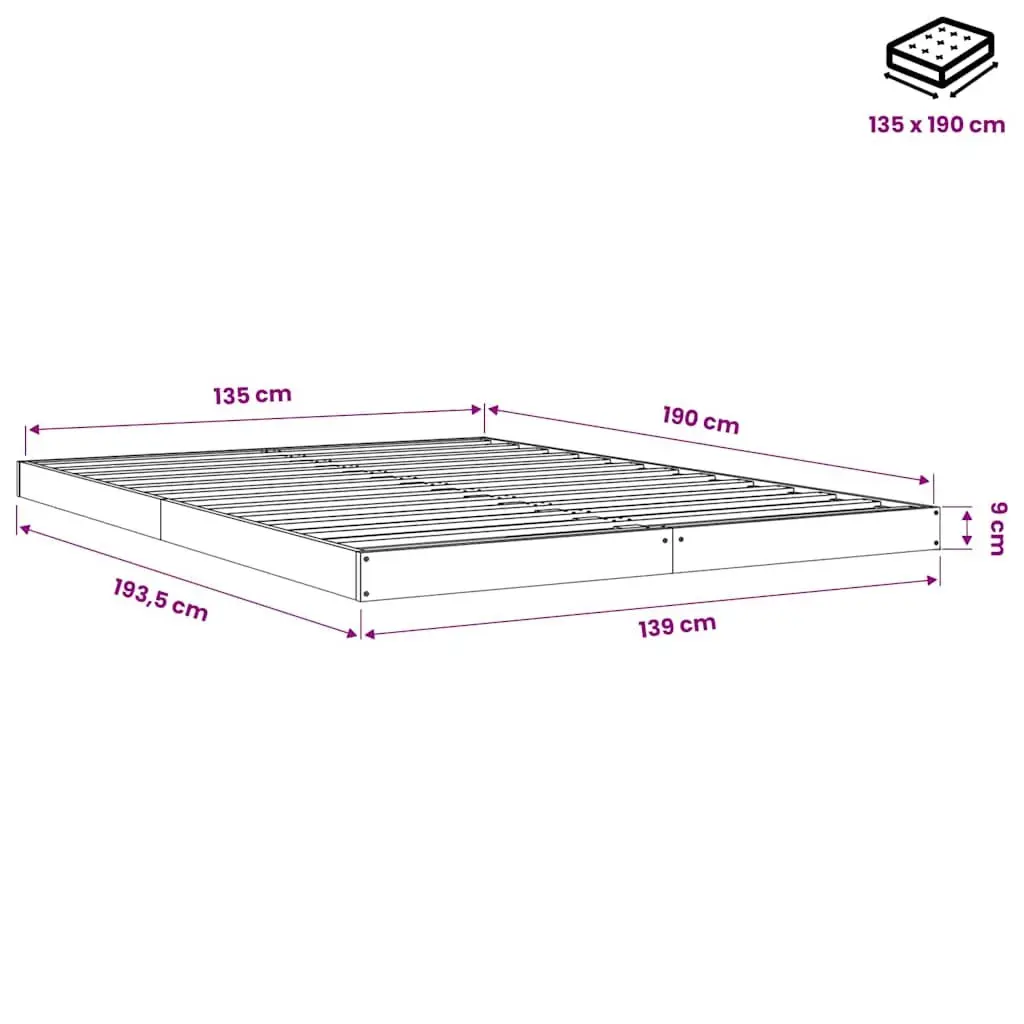 Solid Wood Pine Bed Frame 135x190 cm Slatted Base Brown Wooden Bedroom Furniture