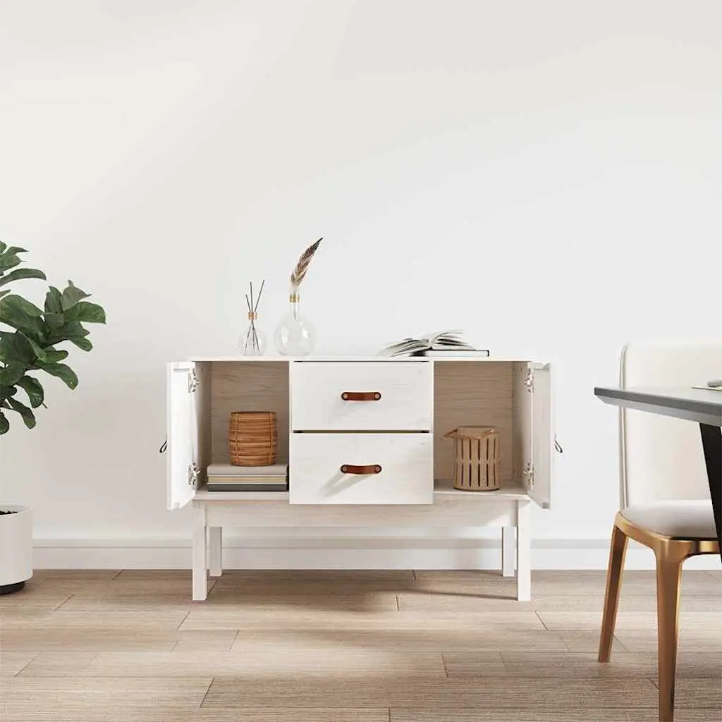 Solid Wood Pine Sideboard White Storage Cabinet 2 Drawers 2 Compartments Doors