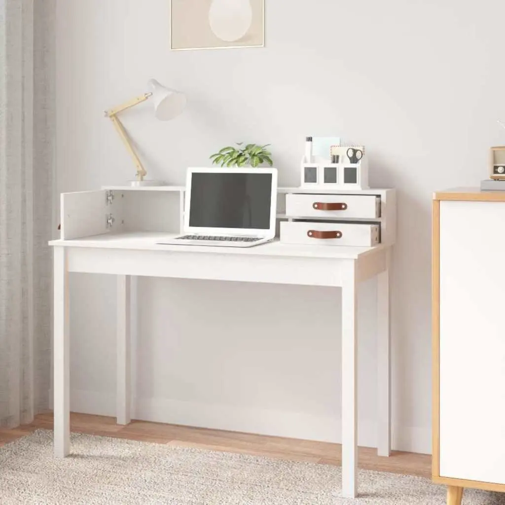 White Solid Pine Wood Office Desk Study Computer Table Compact Storage