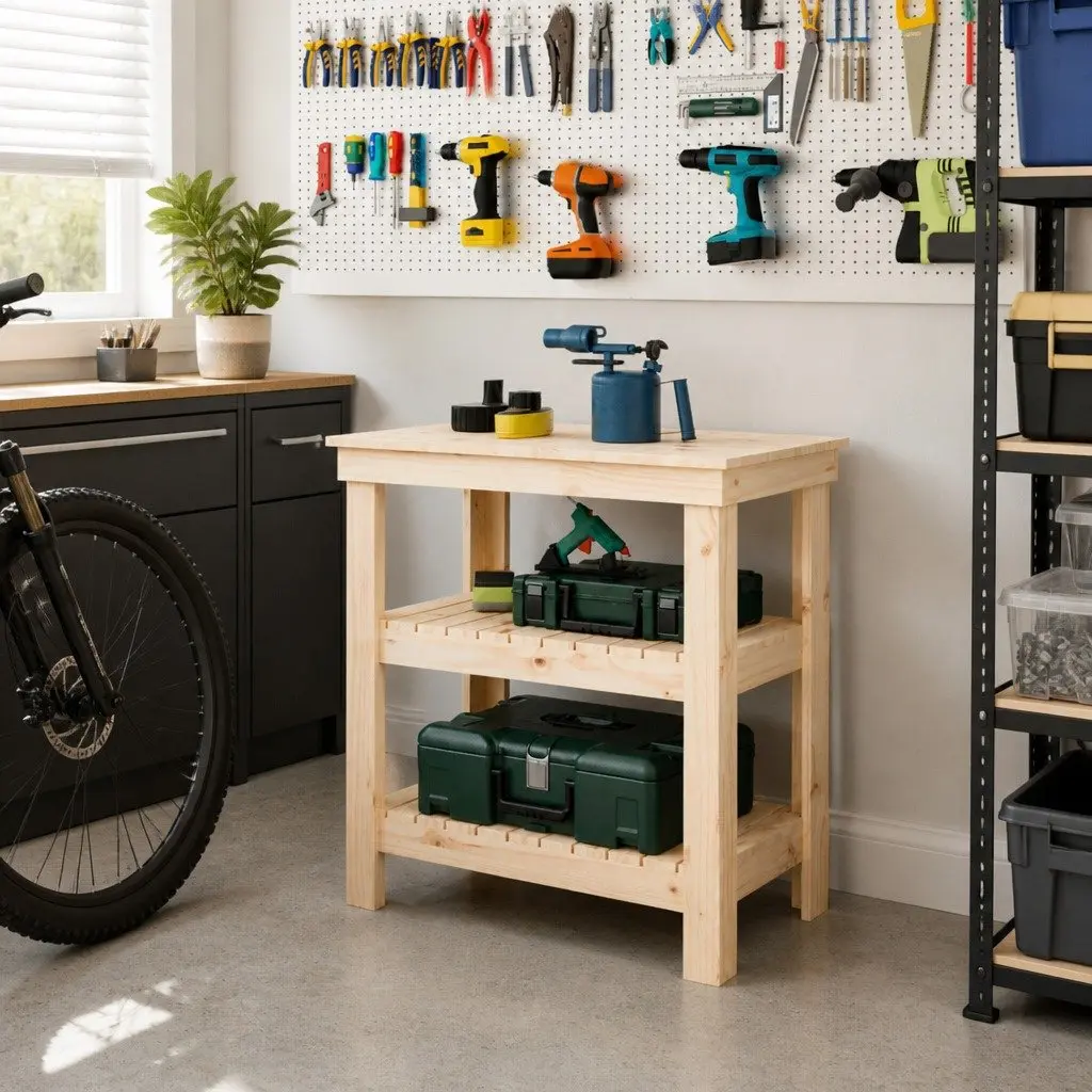Wooden Work Bench with Storage