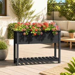 Wooden Garden Planter with Shelf Storage Grey Raised Flower Bed Pot