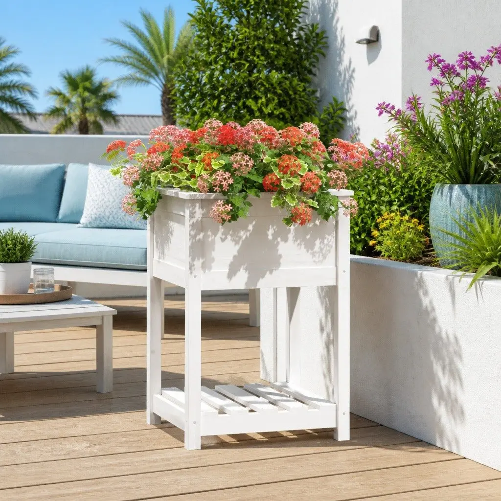 White Wooden Planter with Shelf 54x54x81cm