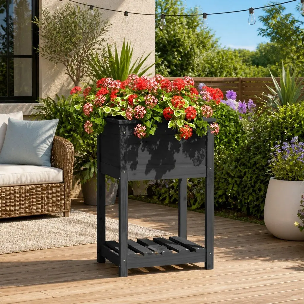 Wooden Planter for Garden Grey Solid Pine with Shelf 54 x 54 x 81 cm