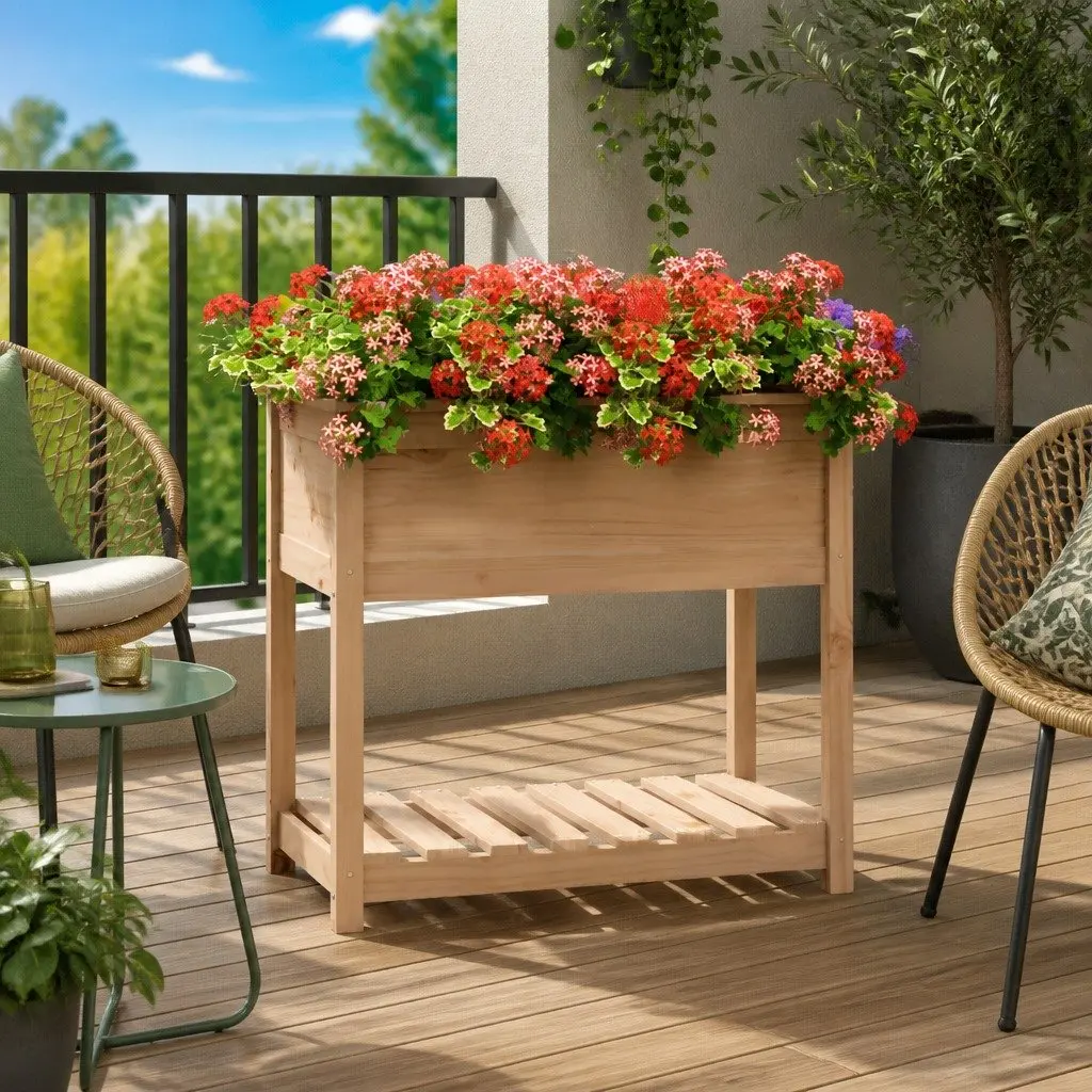 Raised Wooden Planter with Shelf 82.5x54x81 cm Solid Pine Garden Flower Box