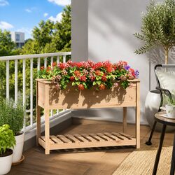Wooden Planter with Shelf Solid Pine Flower Box Raised Bed Garden Pot Storage