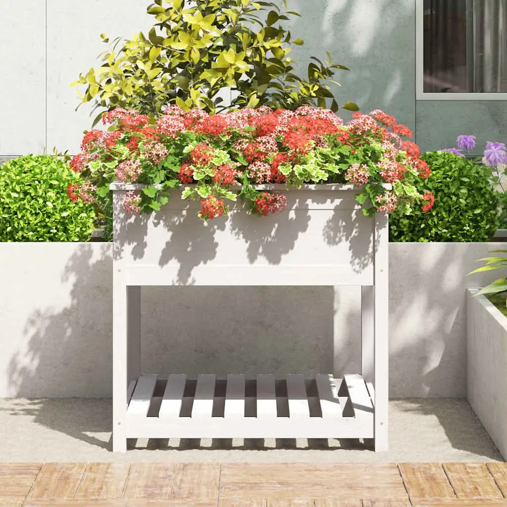 Wooden Planter with Shelf White Raised Garden Flower Box Solid Pine Wood 82.5cm