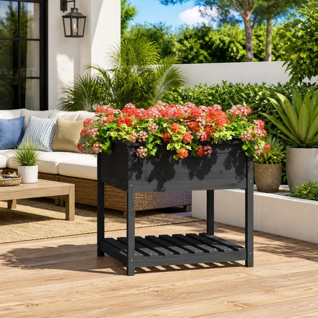 Wooden Garden Planter with Shelf Grey Raised Flower Box 82.5 x 82.5 x 81 cm