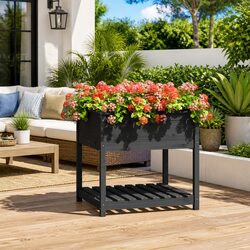 Wooden Garden Planter with Shelf Grey Raised Flower Box Storage Stand