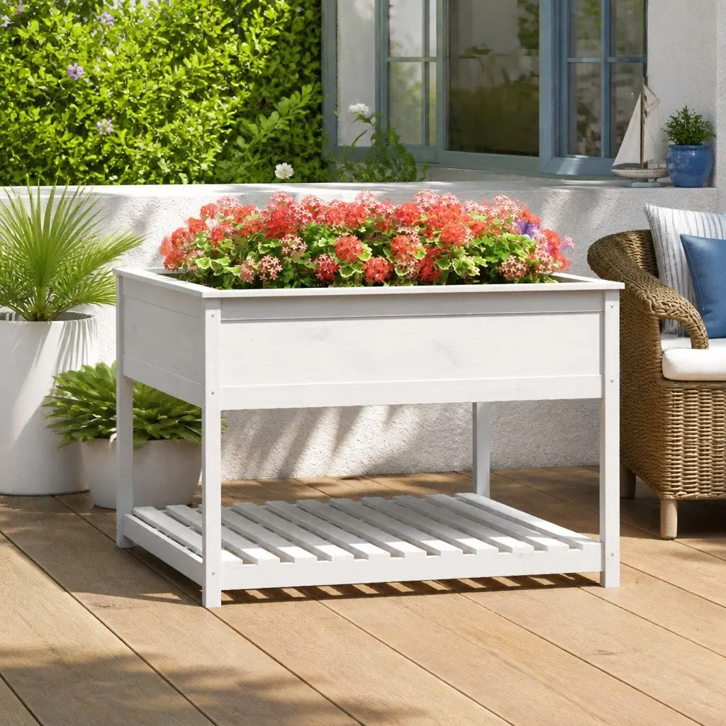 Wooden Planter Outdoor Patio White Raised Garden Box with Shelf 111.5 x 111.5 x 81 cm
