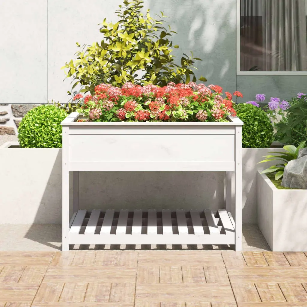 Wooden Planter Outdoor Patio White Raised Garden Box with Shelf 111.5 x 111.5 x 81 cm