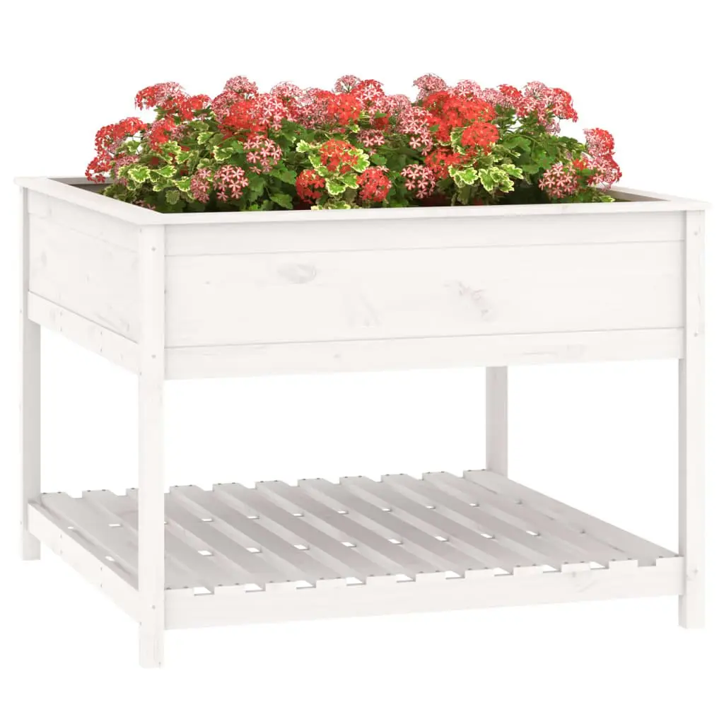Wooden Planter Outdoor Patio White Raised Garden Box with Shelf 111.5 x 111.5 x 81 cm
