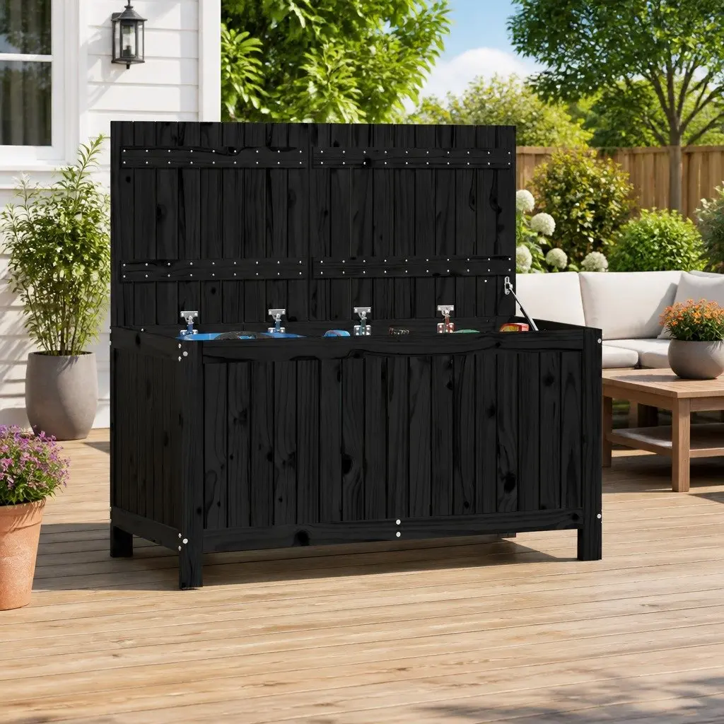 Garden Storage Box Outdoor Solid Pine Hydraulic Lid Black 121 x 55 x 64 cm