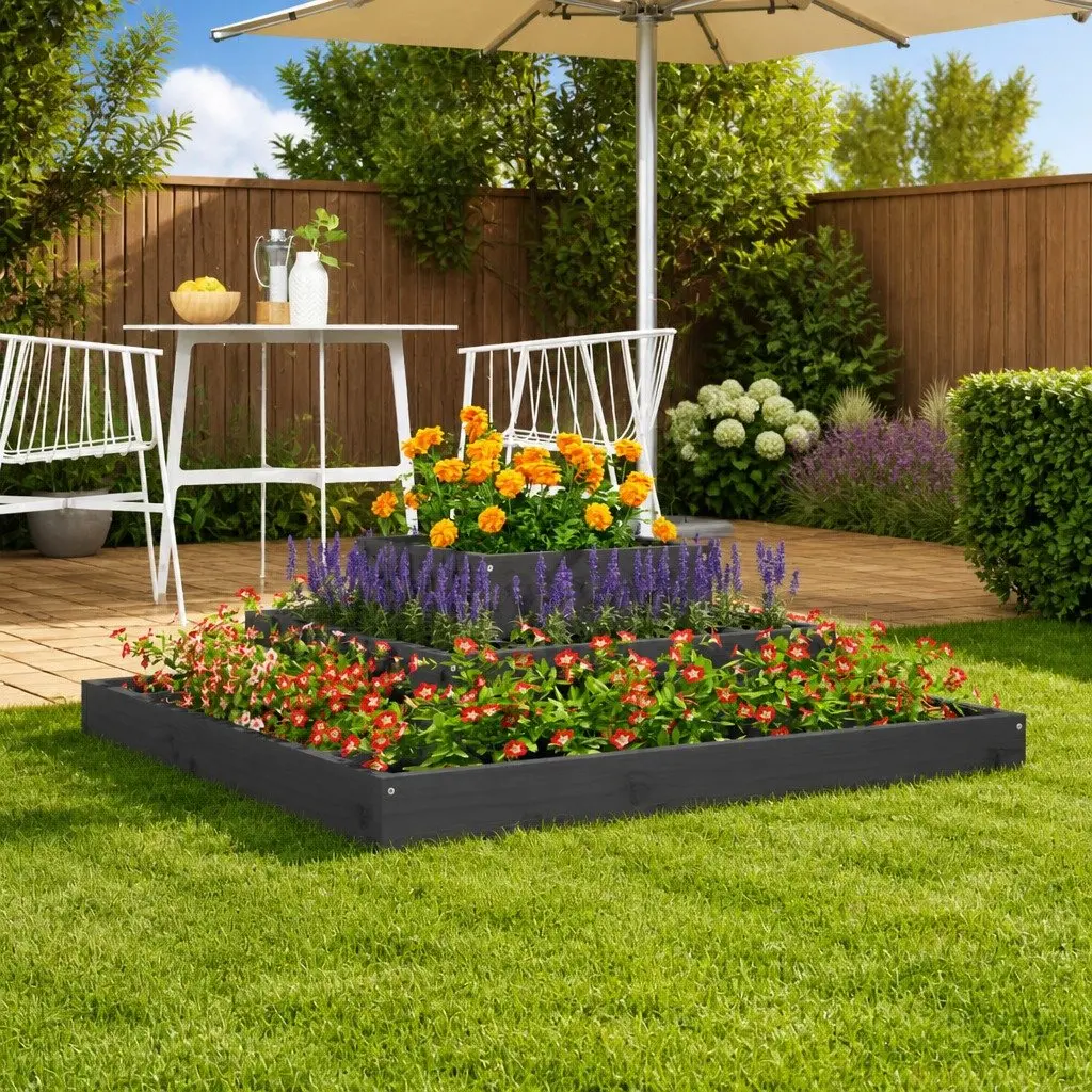 3-Tier Raised Planter Box Grey Pine 80x80x27cm Garden Flower Pot