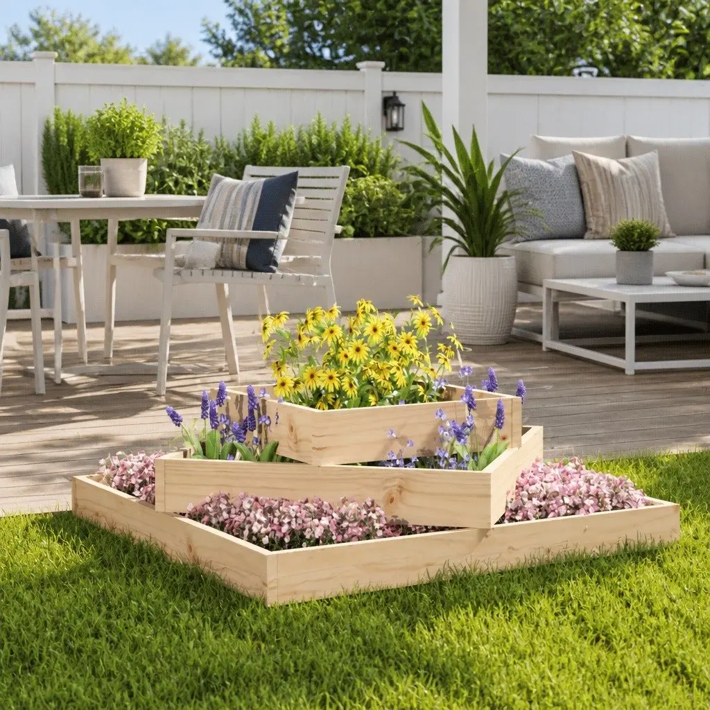 Wooden Planter Box for Garden 83x83x27cm 3-Tier Pine Flower Pot