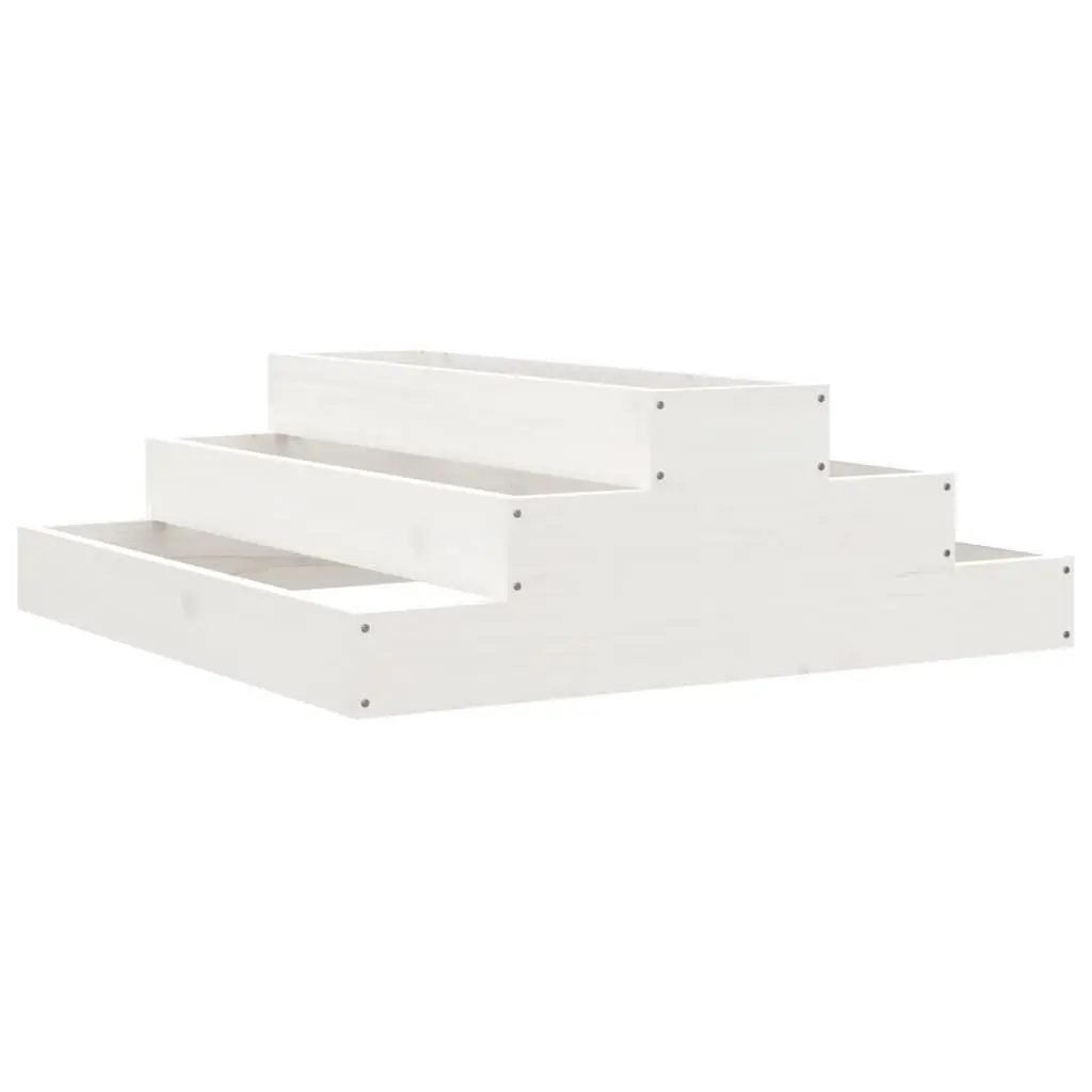 Wooden Planter Pot White 80x80x27cm Stair-Step Design Raised Flower Bed