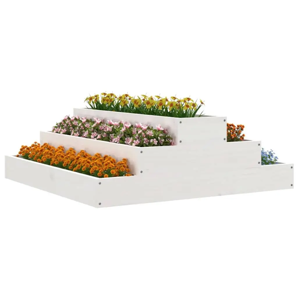 Wooden Planter Pot White 80x80x27cm Stair-Step Design Raised Flower Bed