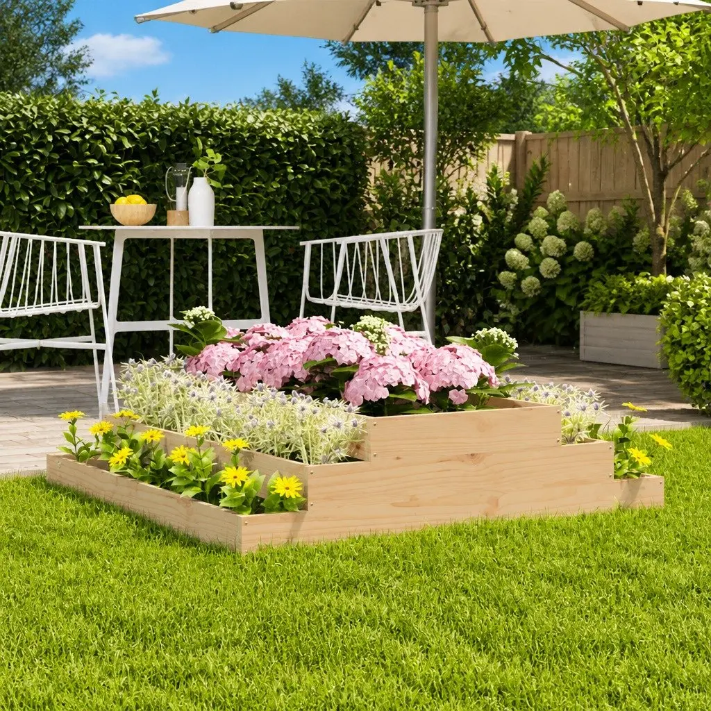 Wooden Planter Raised Flower Bed Stair-Step Design Garden Box Brown 110x110x27cm