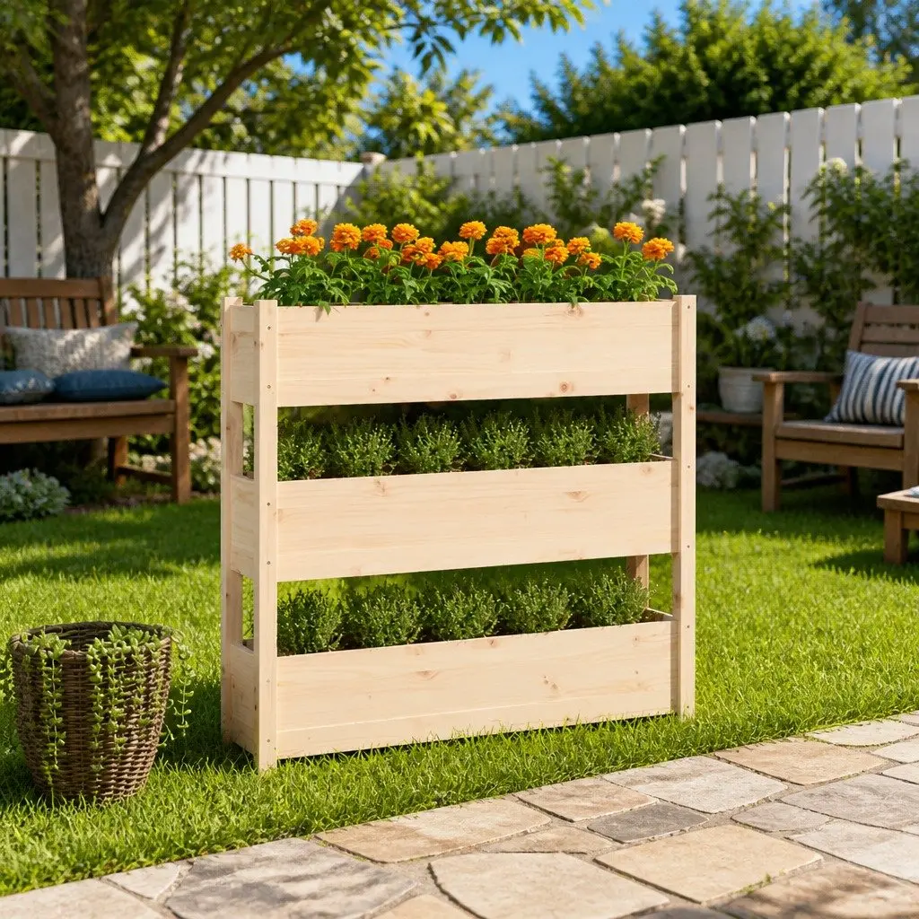 Pine Raised Garden Bed Planter with 3 Flower Boxes for Patio 112 x 25 x 104.5 cm