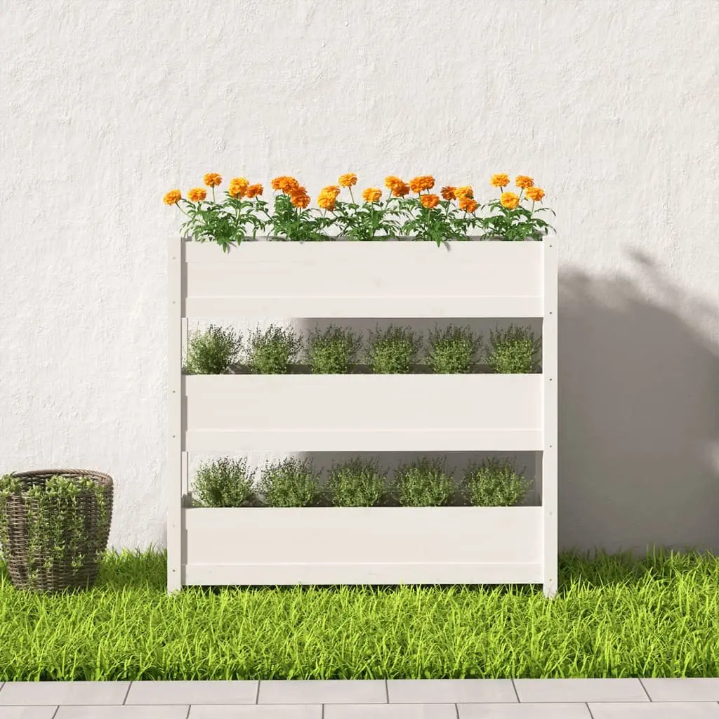 Garden Planter for Outdoor Use 112x25x104.5 cm Raised Bed with 3 Flower Boxes in White Solid Pine Wood