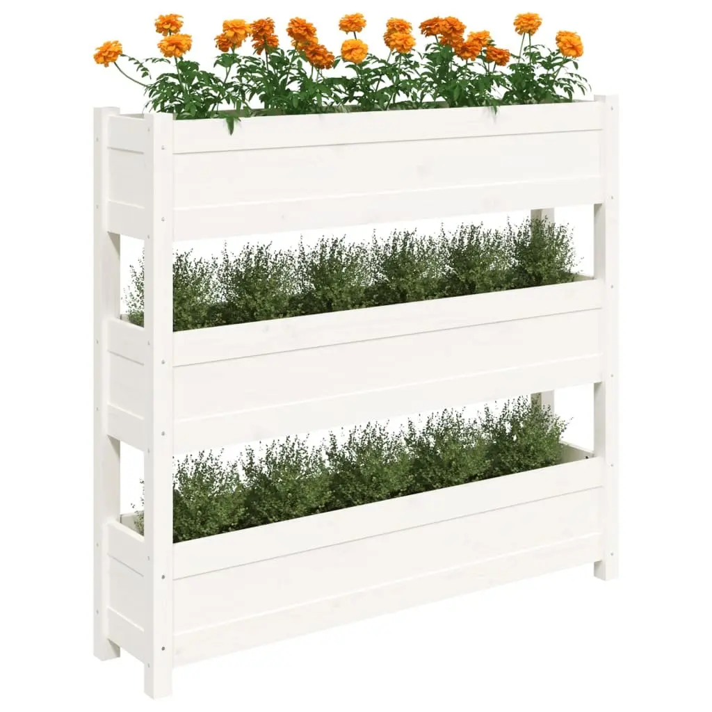 Garden Planter for Outdoor Use 112x25x104.5 cm Raised Bed with 3 Flower Boxes in White Solid Pine Wood
