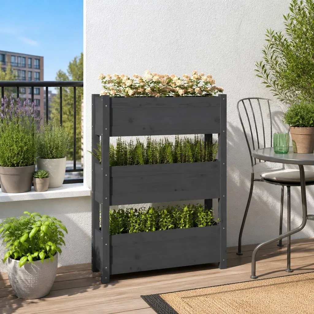 Wooden Planter Box Grey for Garden 77x25x104.5cm 3 Flower Boxes