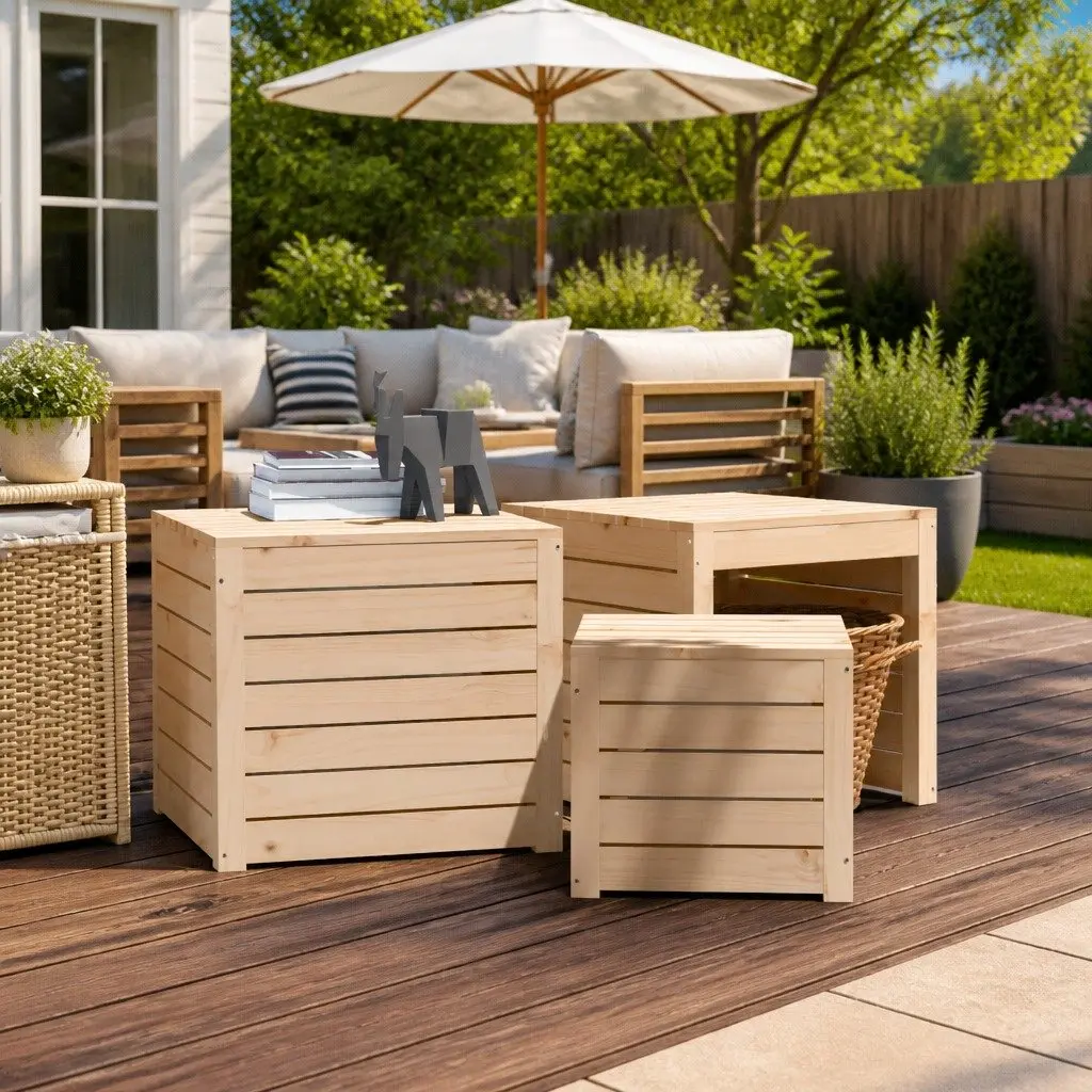 3 Piece Garden Storage Box Set Solid Pine Wood Outdoor Patio Furniture Brown