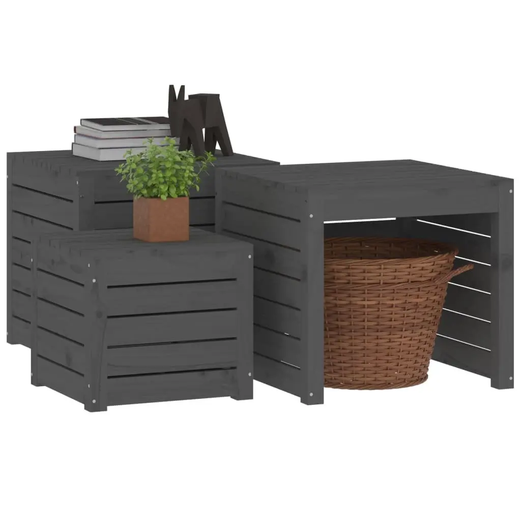 Garden Storage Box Set 3 Piece Outdoor Patio Furniture Grey Solid Pine Wood