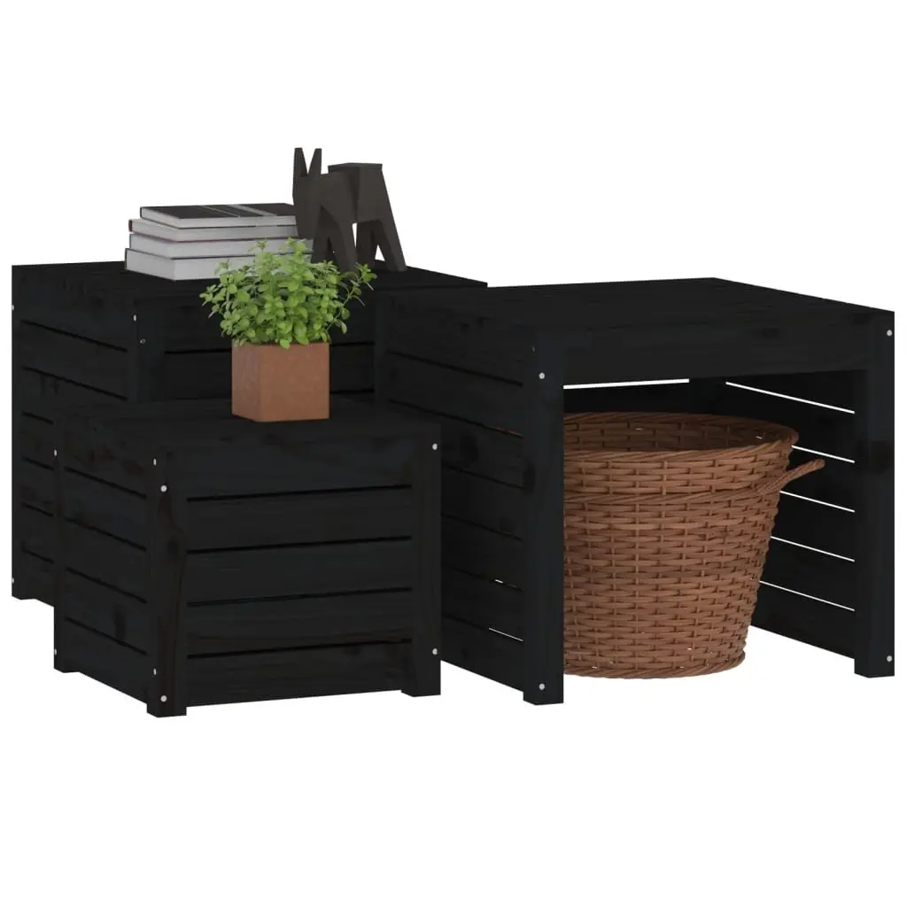 Garden Storage Box Set 3 Piece Outdoor Use Black Solid Wood Pine